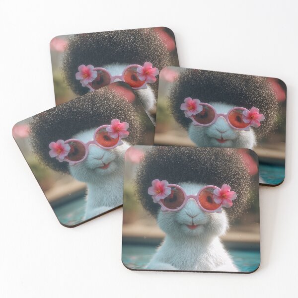 Item preview, Rabbit with curly fur and pink sunglasses floating in water, flower accessory on head designed and sold by Stellar Geometry.