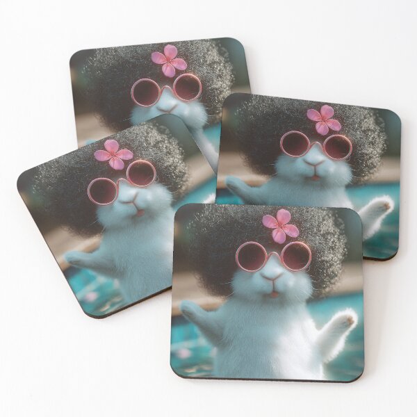 Item preview, Rabbit with curly fur and pink sunglasses floating in water, flower accessory on head designed and sold by Stellar Geometry.