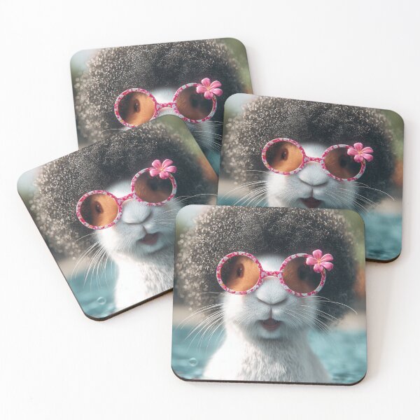 Item preview, Rabbit with curly fur and pink sunglasses floating in water, flower accessory on head designed and sold by Stellar Geometry.