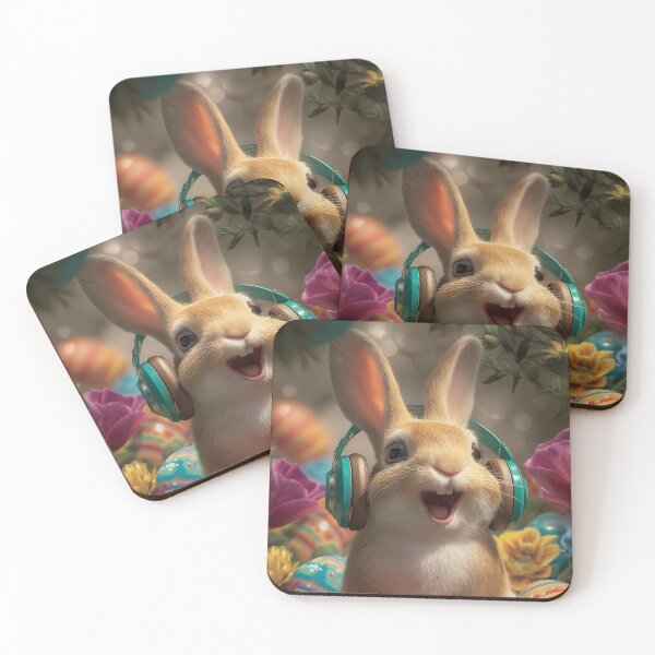 Item preview, Cartoon rabbit wearing headphones enjoys music beside colorful Easter eggs in garden setting designed and sold by Stellar Geometry.