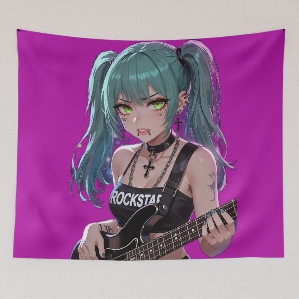 Item preview, Cyberpunk Rockstar Girl – Teal Hair, Green Eyes, Bass Guitar in Neon Night City designed and sold by RadaQueen.