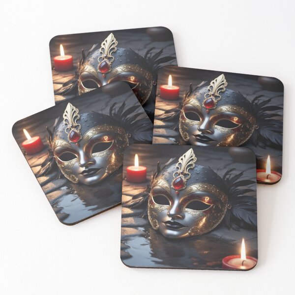 Item preview, An Ornate Silver and Gold Venetian Mask Resting Between Glowing Candles On Wet Pavement designed and sold by Dreamy Armine Art.