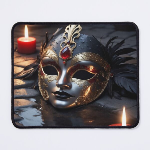 Item preview, An Ornate Silver and Gold Venetian Mask Resting Between Glowing Candles On Wet Pavement designed and sold by Dreamy Armine Art.