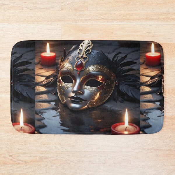 Item preview, An Ornate Silver and Gold Venetian Mask Resting Between Glowing Candles On Wet Pavement designed and sold by Dreamy Armine Art.