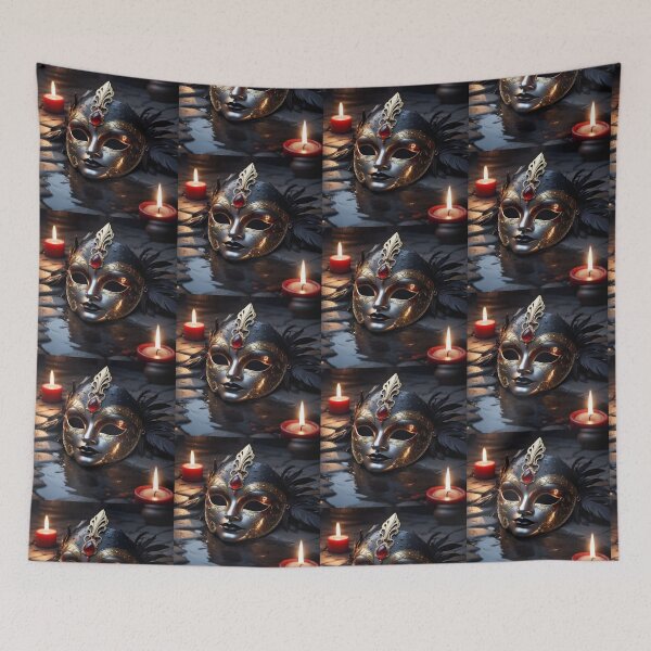 Item preview, An Ornate Silver and Gold Venetian Mask Resting Between Glowing Candles On Wet Pavement designed and sold by Dreamy Armine Art.
