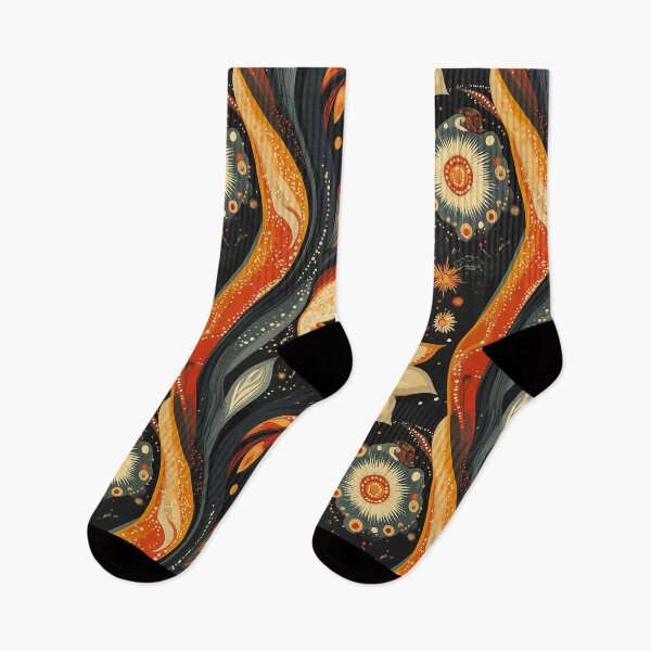 Item preview, Cosmic 70s Floral Black Orange Slate Blue designed and sold by TheBohemianLark.
