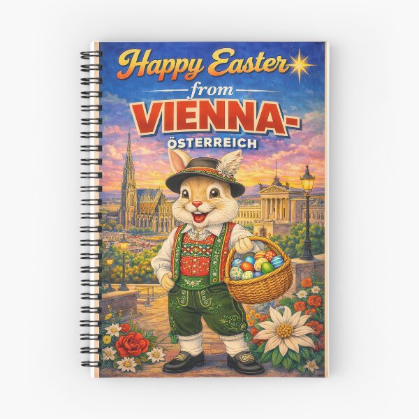 Item preview, Happy Easter from Vienna – Retro Easter Travel Poster with Easter Bunny in Viennese traditional dress designed and sold by Earth Celebration Designs.