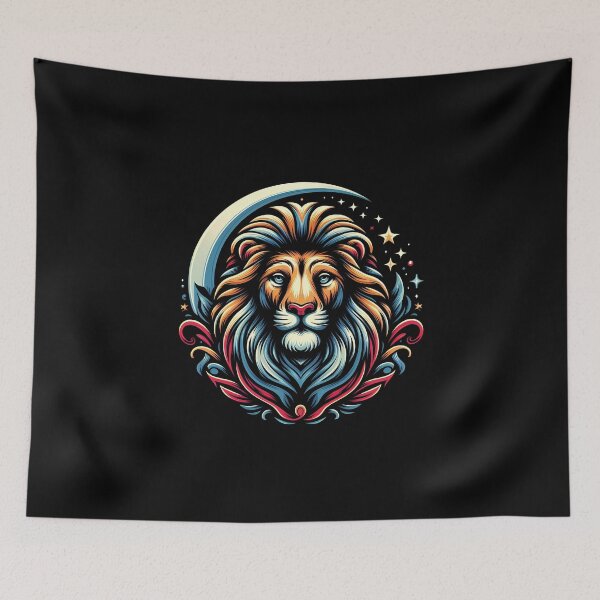 Item preview, Artistic lion illustration with vibrant colors and celestial elements, showcasing a regal expression. designed and sold by beast-net.