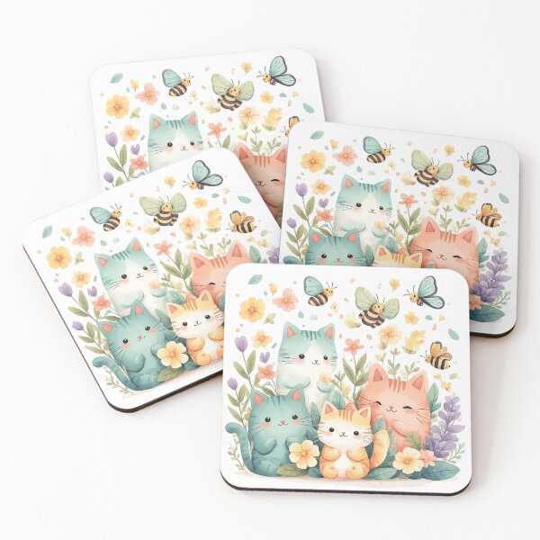 Item preview, Cute Kawaii Cats with Flowers and Bees – Whimsical Spring Cat Illustration by NegarTv Designs designed and sold by NegarTv Designs.