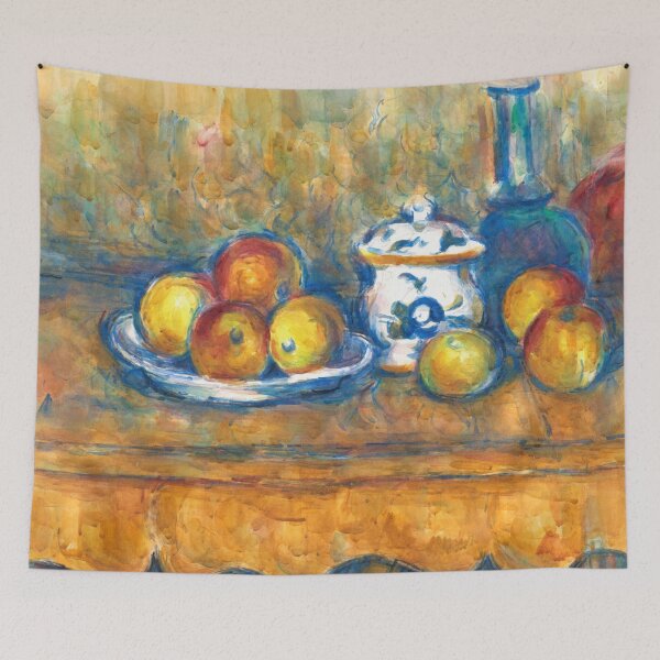 Artikelvorschau, Stillleben Mit Blauer Flasche Zuckerdose Und Apfeln von Paul Cézanne: Postimpressionistisches Stillleben-Poster entworfen und verkauft von artofuniverse.