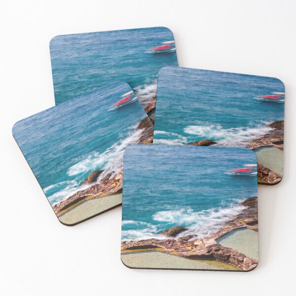 Item preview, Ocean Waves Crashing Over Rocky Coastline and Natural Rock Pools With Blurred Jet Ski in Distance designed and sold by Nmallia.