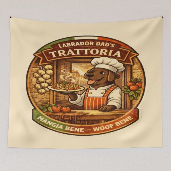 Item preview, Labrador Dad's Trattoria | Chocolate Lab Chef Vintage Badge | Mangia Bene Woof Bene Funny Dog Gift designed and sold by PawPrintCustom.