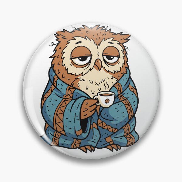 Item preview, A sleepy owl wrapped in a blanket while trying to stay awake with coffee. The character humorously represents late night workers and tired students. designed and sold by Dejbar.