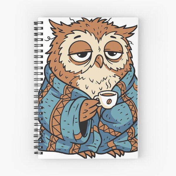 Item preview, A sleepy owl wrapped in a blanket while trying to stay awake with coffee. The character humorously represents late night workers and tired students. designed and sold by Dejbar.