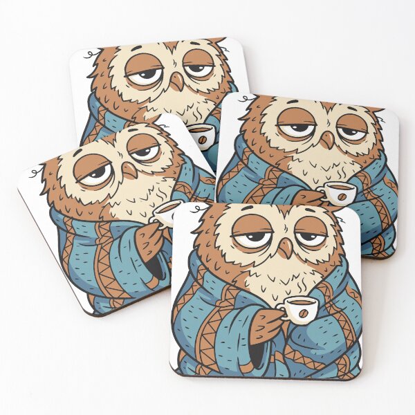 Item preview, A sleepy owl wrapped in a blanket while trying to stay awake with coffee. The character humorously represents late night workers and tired students. designed and sold by Dejbar.