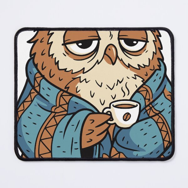 Item preview, A sleepy owl wrapped in a blanket while trying to stay awake with coffee. The character humorously represents late night workers and tired students. designed and sold by Dejbar.