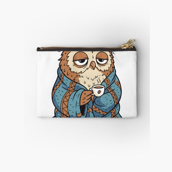 Item preview, A sleepy owl wrapped in a blanket while trying to stay awake with coffee. The character humorously represents late night workers and tired students. designed and sold by Dejbar.