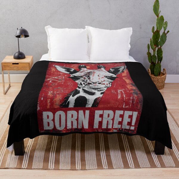 Item preview, Champion Wildlife Freedom with a Stylized Giraffe Face on a Bold Red Born Free Background designed and sold by OlfactoART Studio.