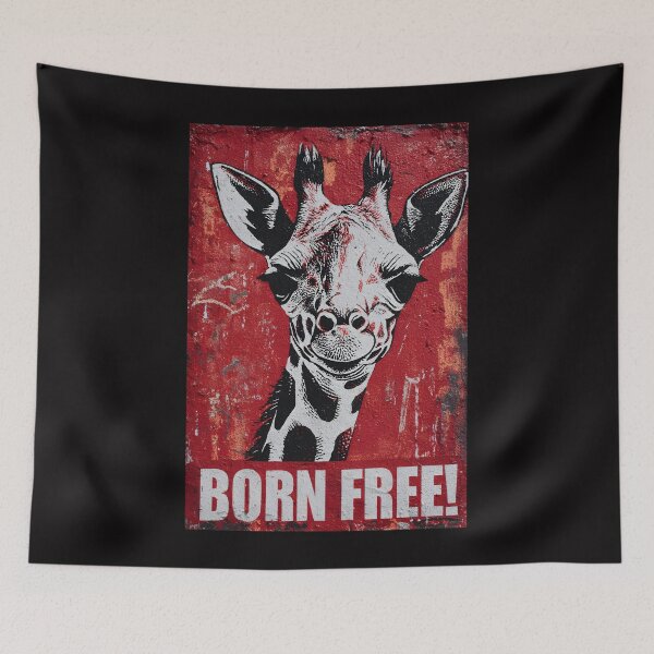Item preview, Champion Wildlife Freedom with a Stylized Giraffe Face on a Bold Red Born Free Background designed and sold by OlfactoART Studio.