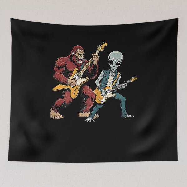 Item preview, Funny Bigfoot and Alien Playing Guitar Rock Music Musicians designed and sold by Goleon12.