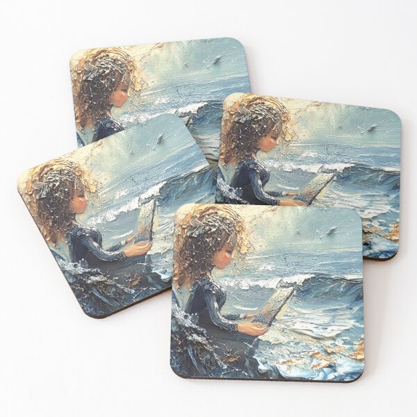Item preview, Girl Reading by the Sea – Textured Impasto Ocean Art Print designed and sold by WhimsyWink.