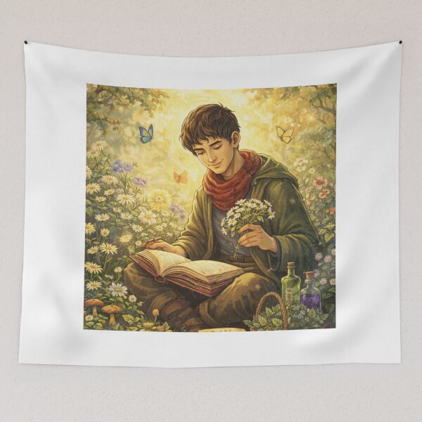 Artikelvorschau, Merlin liest im Garten (BBC Merlin Fantasy Cottagecore Art) | Inspiriert von Merthur-Fanfiction entworfen und verkauft von clearsunnyday.
