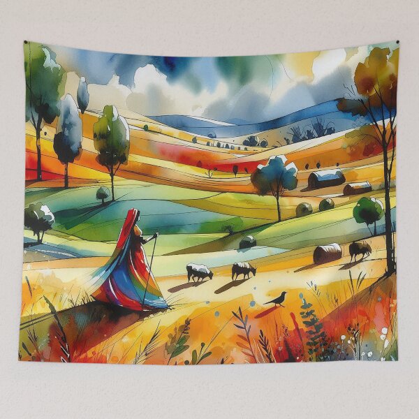 Item preview, The Shepherdess – Colorful Cloak in a Pastoral Watercolor Landscape designed and sold by DiamondSkyShirt.