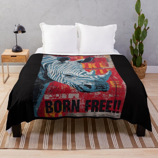 Item preview, Born Free: Celebrate Wildlife Freedom with a Stylized Blue Rhino Against a Bold Red Born Free Urban Wall designed and sold by OlfactoART Studio.