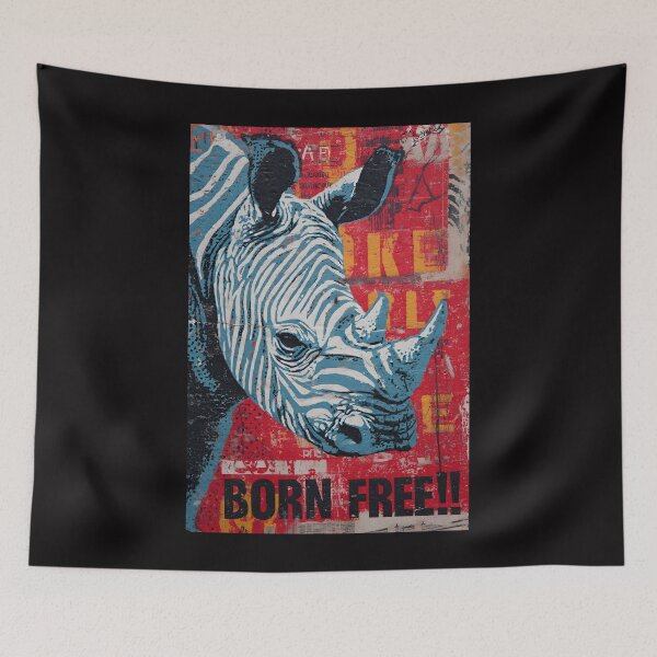 Item preview, Born Free: Celebrate Wildlife Freedom with a Stylized Blue Rhino Against a Bold Red Born Free Urban Wall designed and sold by OlfactoART Studio.