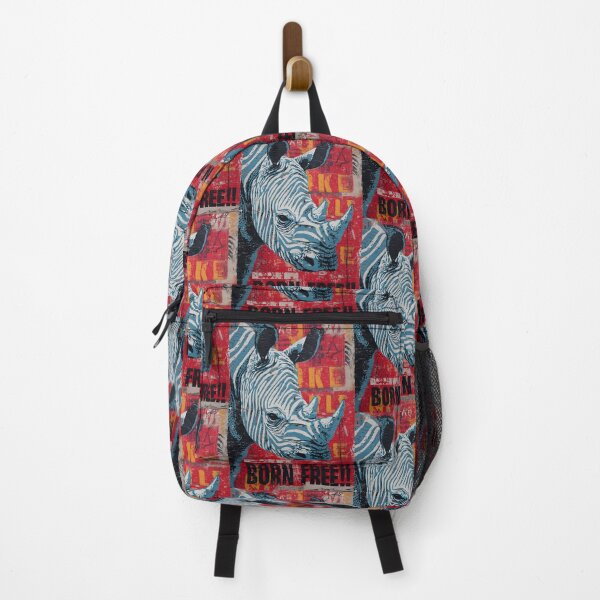 Item preview, Born Free: Celebrate Wildlife Freedom with a Stylized Blue Rhino Against a Bold Red Born Free Urban Wall designed and sold by OlfactoART Studio.