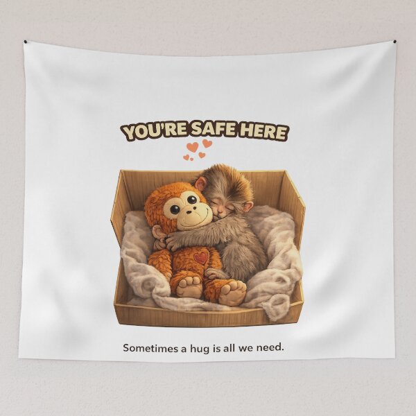Item preview, Punch Monkey Hug – You’re Safe Here Cute Baby Macaque Plush Toy Comfort Illustration designed and sold by The Engineer.