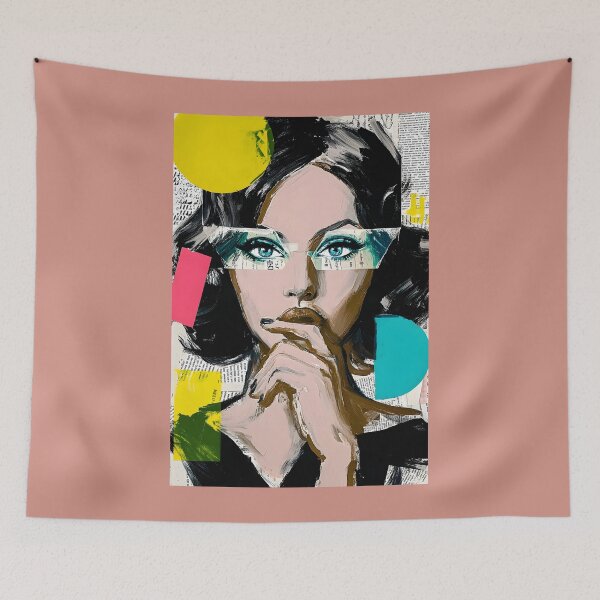 Item preview, Explore Modern Expression with a Thoughtful Woman Amidst Vibrant Geometric Shapes designed and sold by OlfactoART Studio.