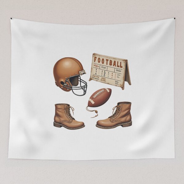 Item preview, Copy of Football gear and accessories shown on a white background including a helmet, football, and measuring tools used in the sport designed and sold by SpaceartLilu.