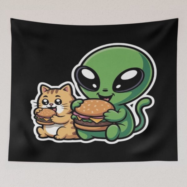 Item preview, Alien & Cat Eating Burger - Cute Food Pun Art designed and sold by DailySparks.