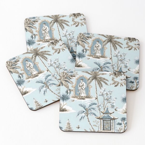 Item preview, Chinoiserie court figures in pagoda garden in brown, grey and duck egg designed and sold by SophieClimaArt.