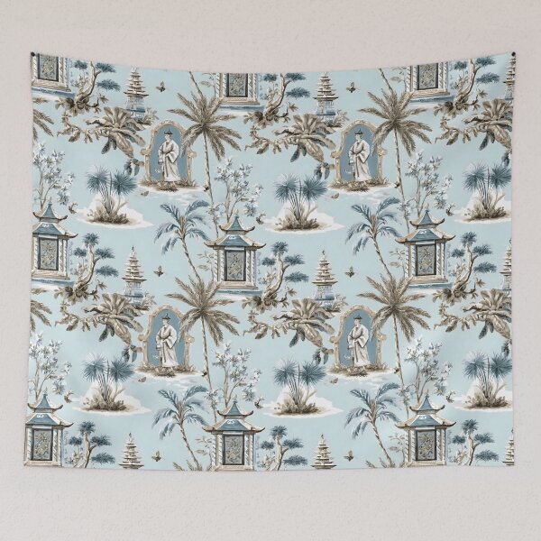 Item preview, Chinoiserie court figures in pagoda garden in brown, grey and duck egg designed and sold by SophieClimaArt.