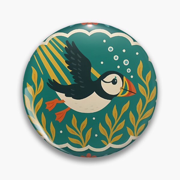 Item preview, Puffin Swimming Through Kelp Forest – Scandinavian Folk Art by heidiannemorris © designed and sold by FOLK ART FUSION by heidiannemorris.