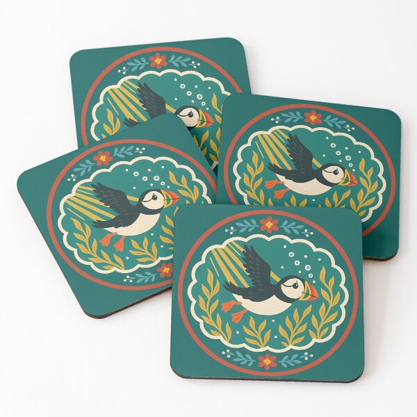 Item preview, Puffin Swimming Through Kelp Forest – Scandinavian Folk Art by heidiannemorris © designed and sold by FOLK ART FUSION by heidiannemorris.