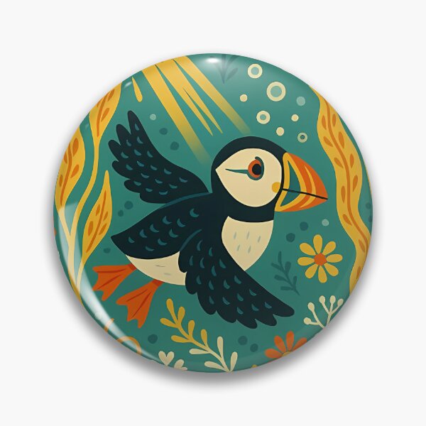 Item preview, Puffin Swimming Through Kelp Forest – Scandinavian Folk Art by heidiannemorris © designed and sold by FOLK ART FUSION.