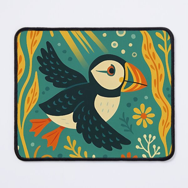 Item preview, Puffin Swimming Through Kelp Forest – Scandinavian Folk Art by heidiannemorris © designed and sold by FOLK ART FUSION by heidiannemorris.