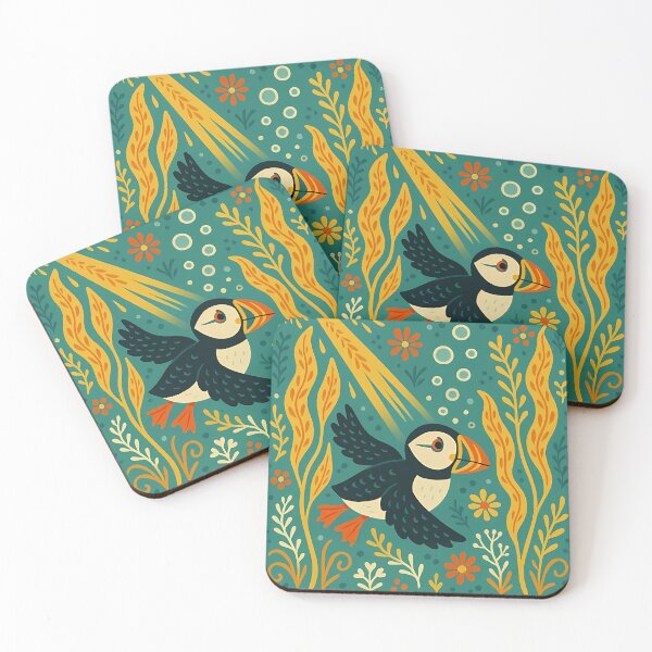 Item preview, Puffin Swimming Through Kelp Forest – Scandinavian Folk Art by heidiannemorris © designed and sold by FOLK ART FUSION by heidiannemorris.