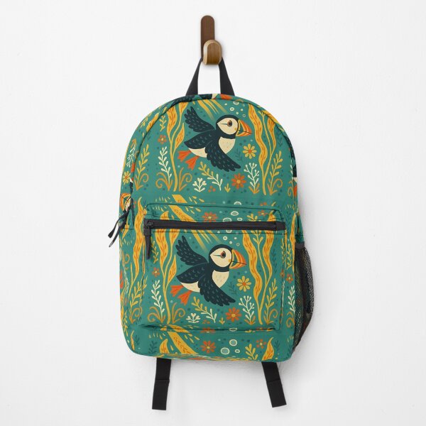 Item preview, Puffin Swimming Through Kelp Forest – Scandinavian Folk Art by heidiannemorris © designed and sold by FOLK ART FUSION by heidiannemorris.