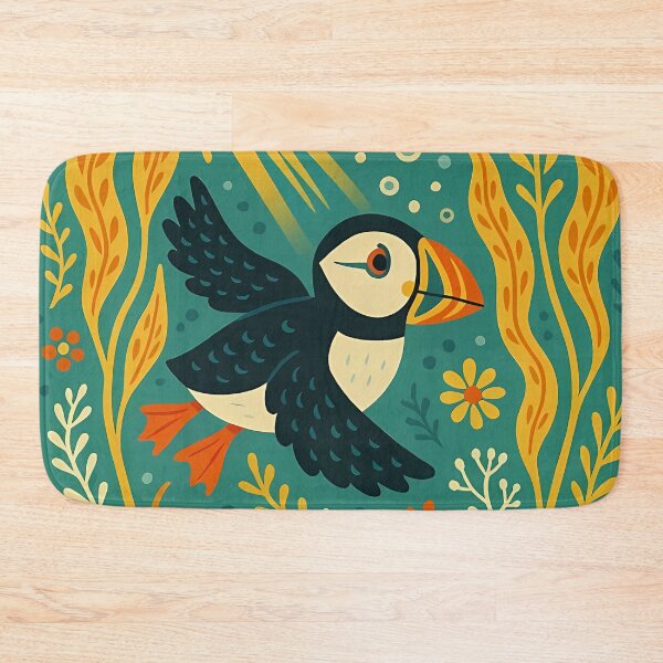 Item preview, Puffin Swimming Through Kelp Forest – Scandinavian Folk Art by heidiannemorris © designed and sold by FOLK ART FUSION by heidiannemorris.