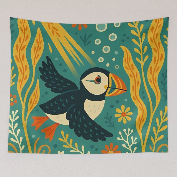 Item preview, Puffin Swimming Through Kelp Forest – Scandinavian Folk Art by heidiannemorris © designed and sold by FOLK ART FUSION by heidiannemorris.
