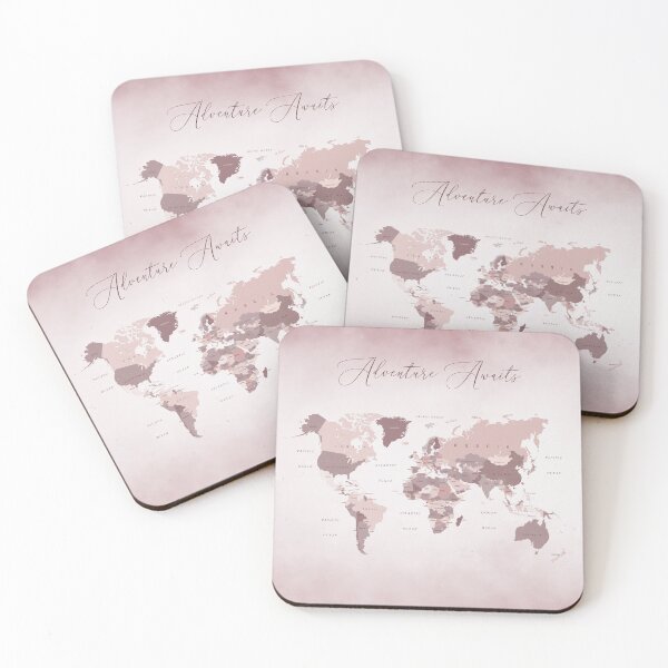 Item preview, Adventure Awaits World Map in Blush Pink and Cranberry designed and sold by UrbanEpiphany.