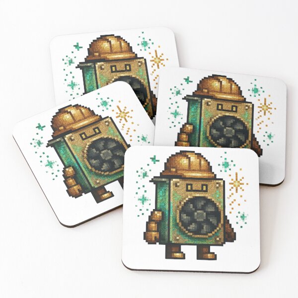 Item preview, Vibrant pixel art robot with golden accents and green details designed and sold by Creative88Art.