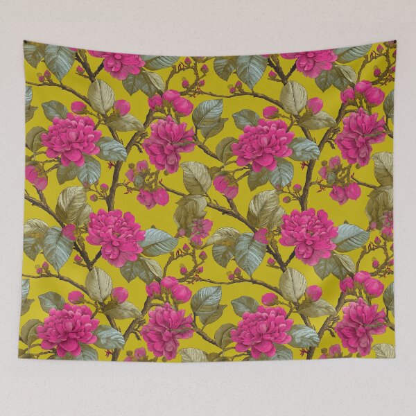 Item preview, Big Pink Floral Blooms on Chartreuse designed and sold by TheBohemianLark.