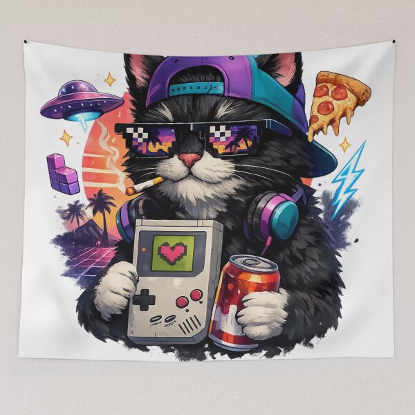 Item preview, Retro Gamer Cat Vaporwave Night designed and sold by EpicwaveDesigns.
