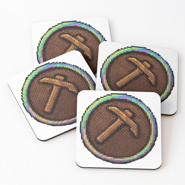 Item preview, Vibrant pixel art pickaxe icon on brown background with rainbow border designed and sold by Creative88Art.