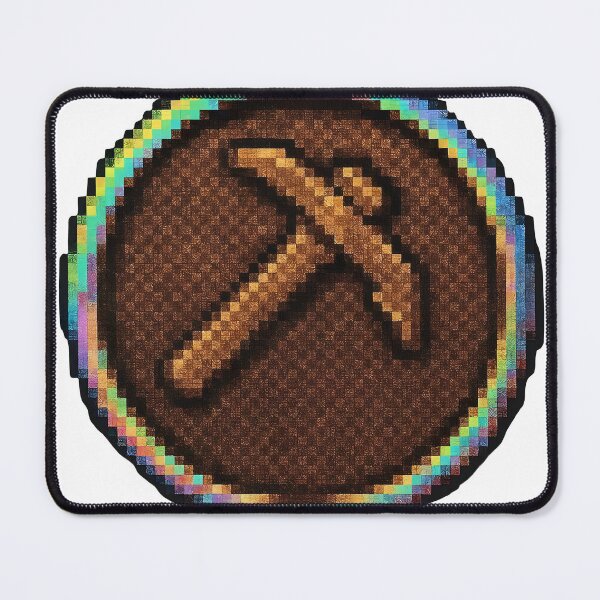 Item preview, Vibrant pixel art pickaxe icon on brown background with rainbow border designed and sold by Creative88Art.